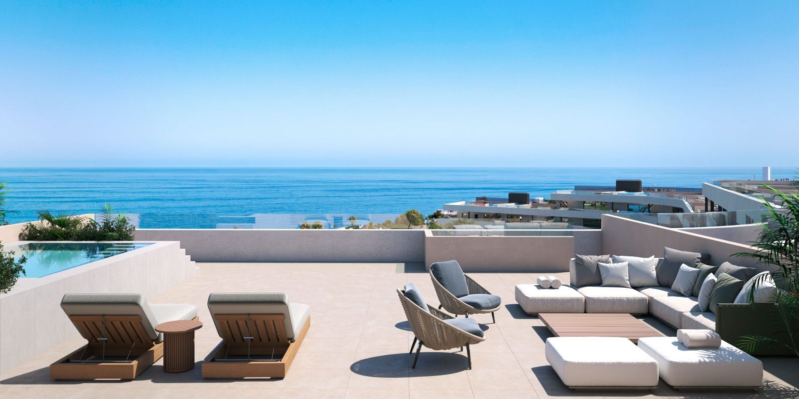 Luxe terras met uitzicht op de oceaan en zwembad