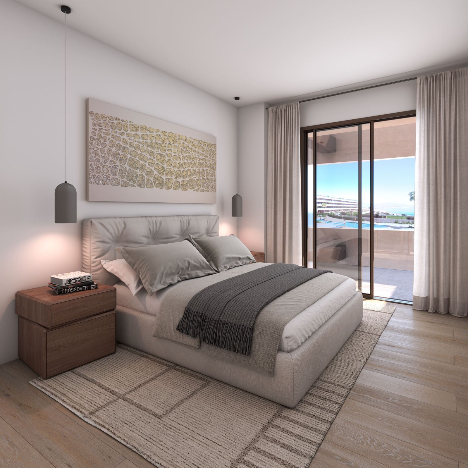 Moderne slaapkamer met balkon en uitzicht op de oceaan.